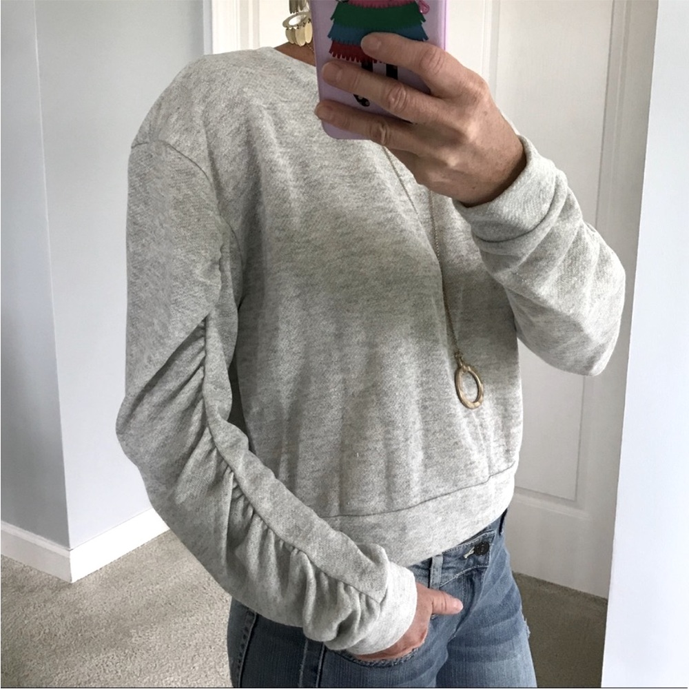 Grey Cropped, Ruched Sleeve Top - Picture 3 of 6